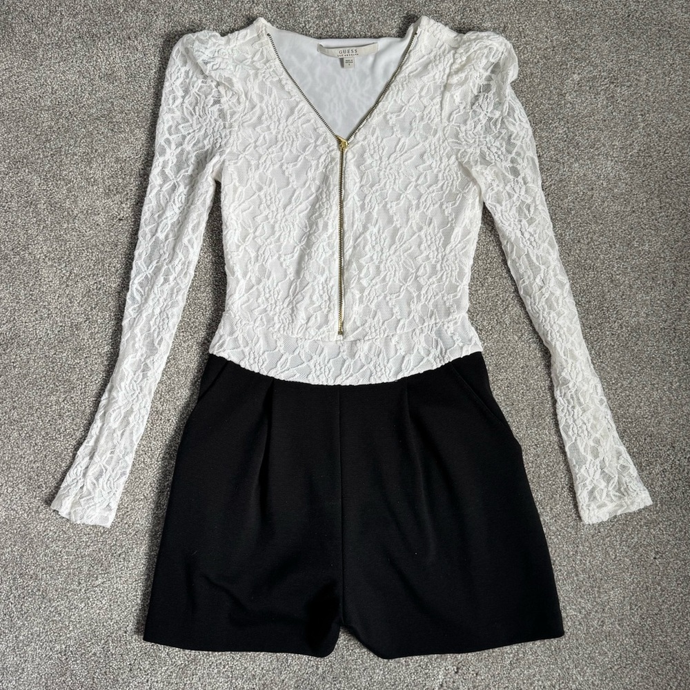 Guess White Lace & black shorts romper with Gold Zipper